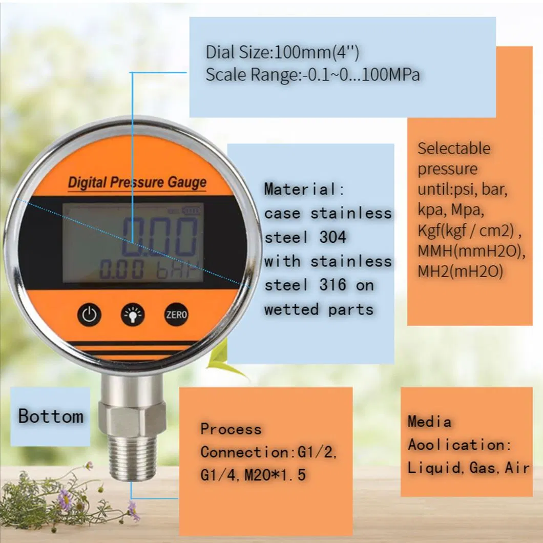 0.5%/0.25% Accuracy Digital Pressure Gauge/100mm Nominal Size/NPT Connection/Manometer Qdb118