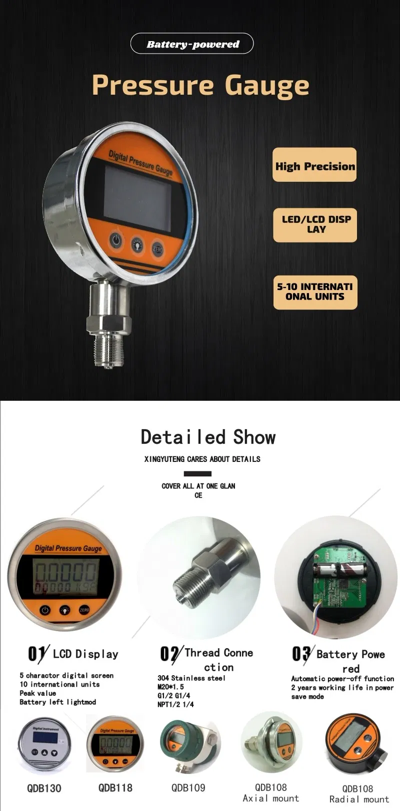 9VDC LCD Liquid Gas Differential Pressure Gauge with CE (QDB108)