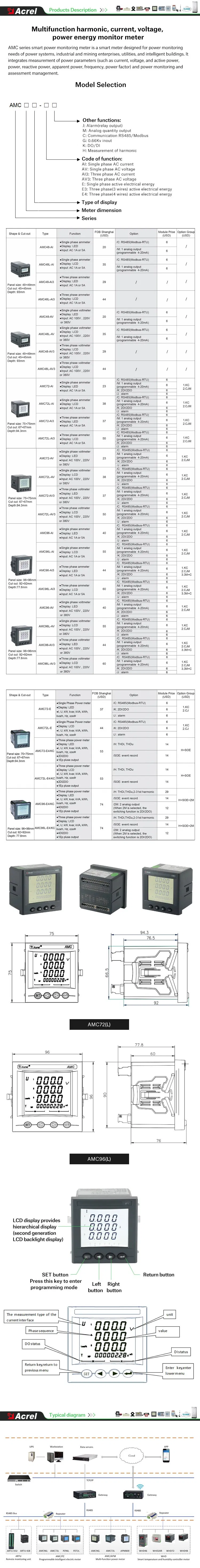 Acrel Smart Multifunction 3 Phase Electric Meter Digital LCD Display Ammeter with Multi Channels