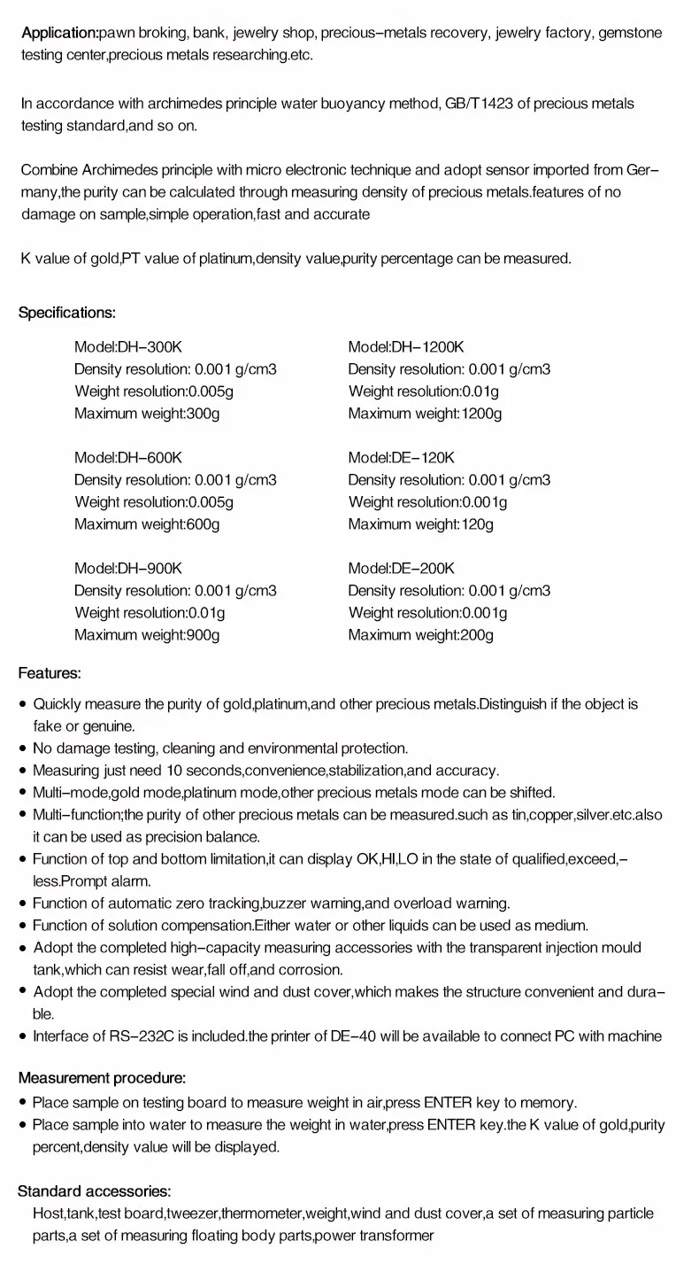 DH-300K DahoMeter Digital Electronic Gold Purity Test Instrument, Gold Density Meter, Gold Karat Measuring Device High Quality
