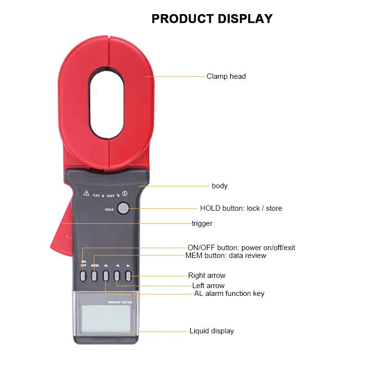 Ground Resistance Clamp Meter Tester 0.01-1200ohm 0.00mA-20A for Electricity Multi Testers