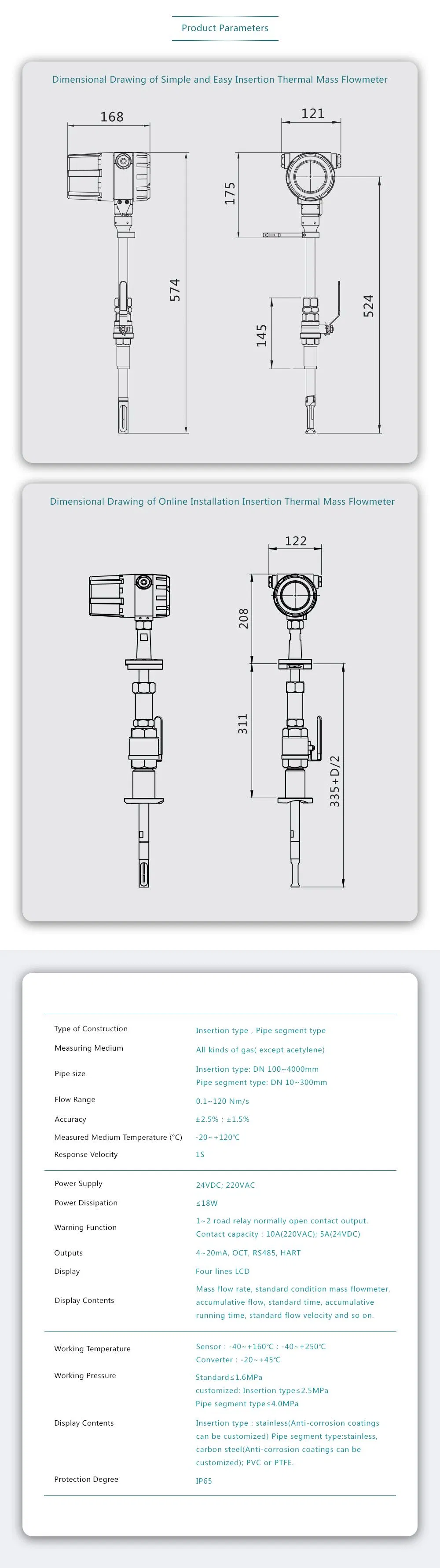 High Pressure 4-20mA Oct RS485 Hart Gas Mass Flow Meter