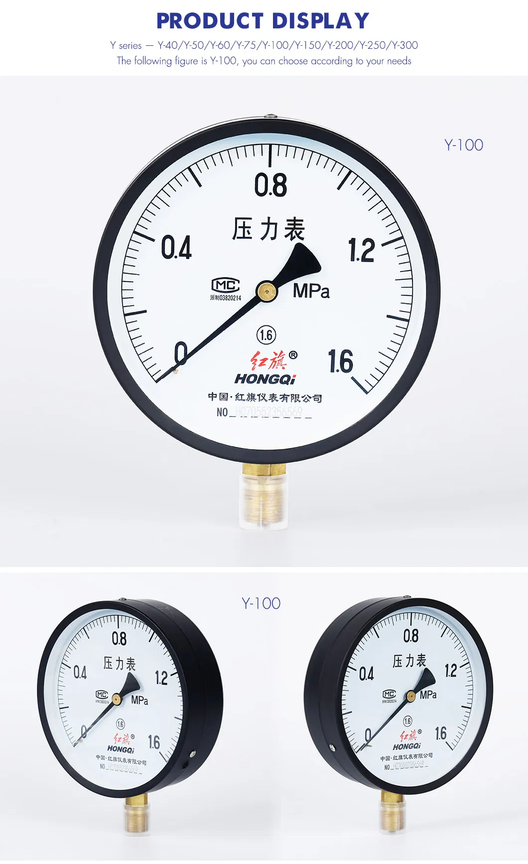 Hongqi® Economic Gas Manometer Air Pressure Gauge Standard Dry Gauge 40mm, 50mm, 63mm, 75mm, 100mm
