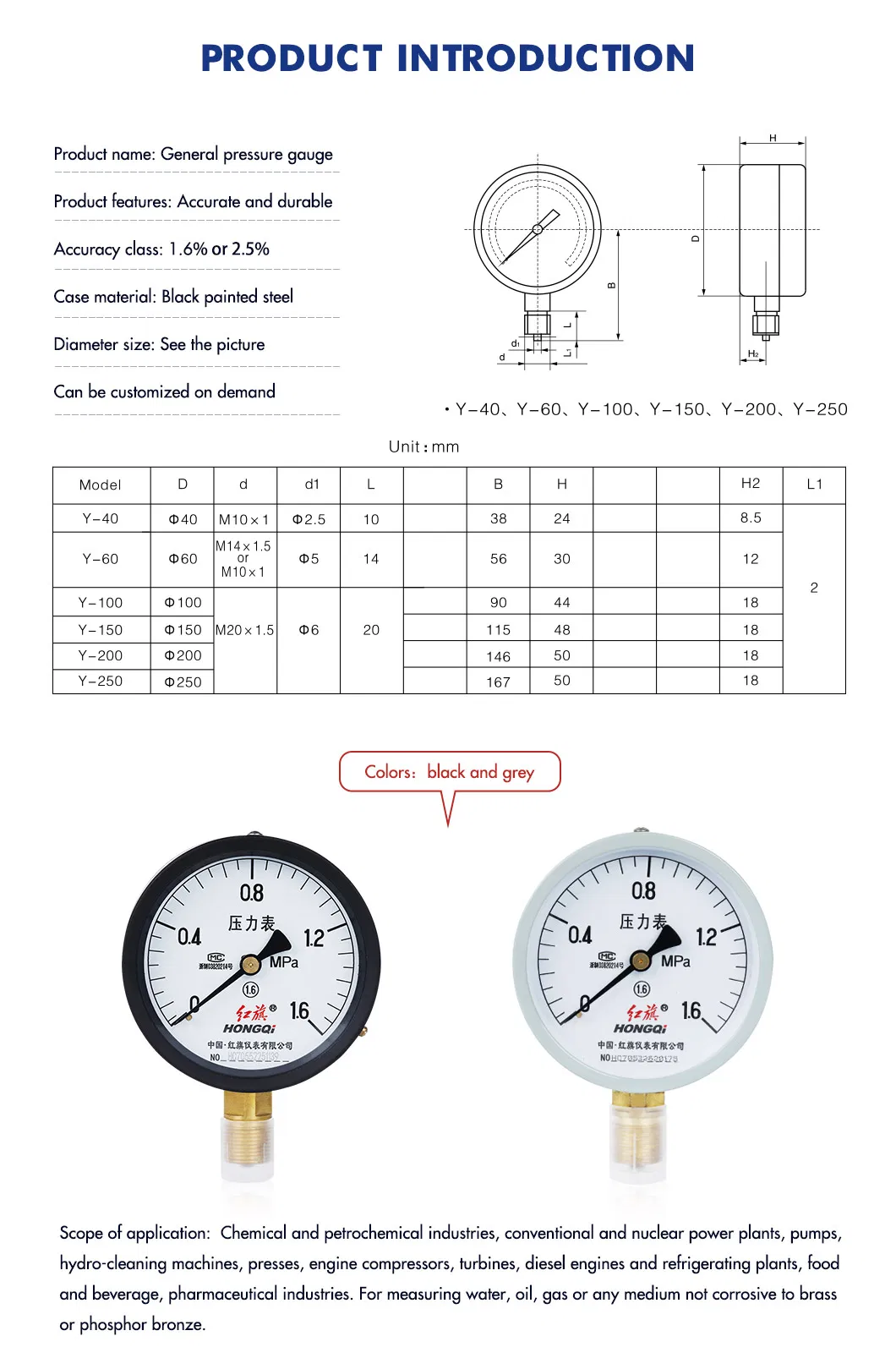 Hongqi® Economic Gas Manometer Air Pressure Gauge Standard Dry Gauge 40mm, 50mm, 63mm, 75mm, 100mm