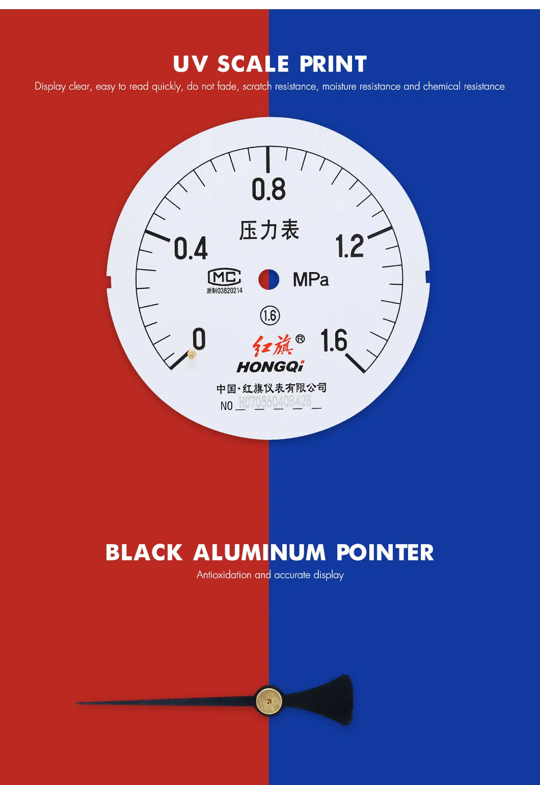 Hongqi® Economic Gas Manometer Air Pressure Gauge Standard Dry Gauge 40mm, 50mm, 63mm, 75mm, 100mm