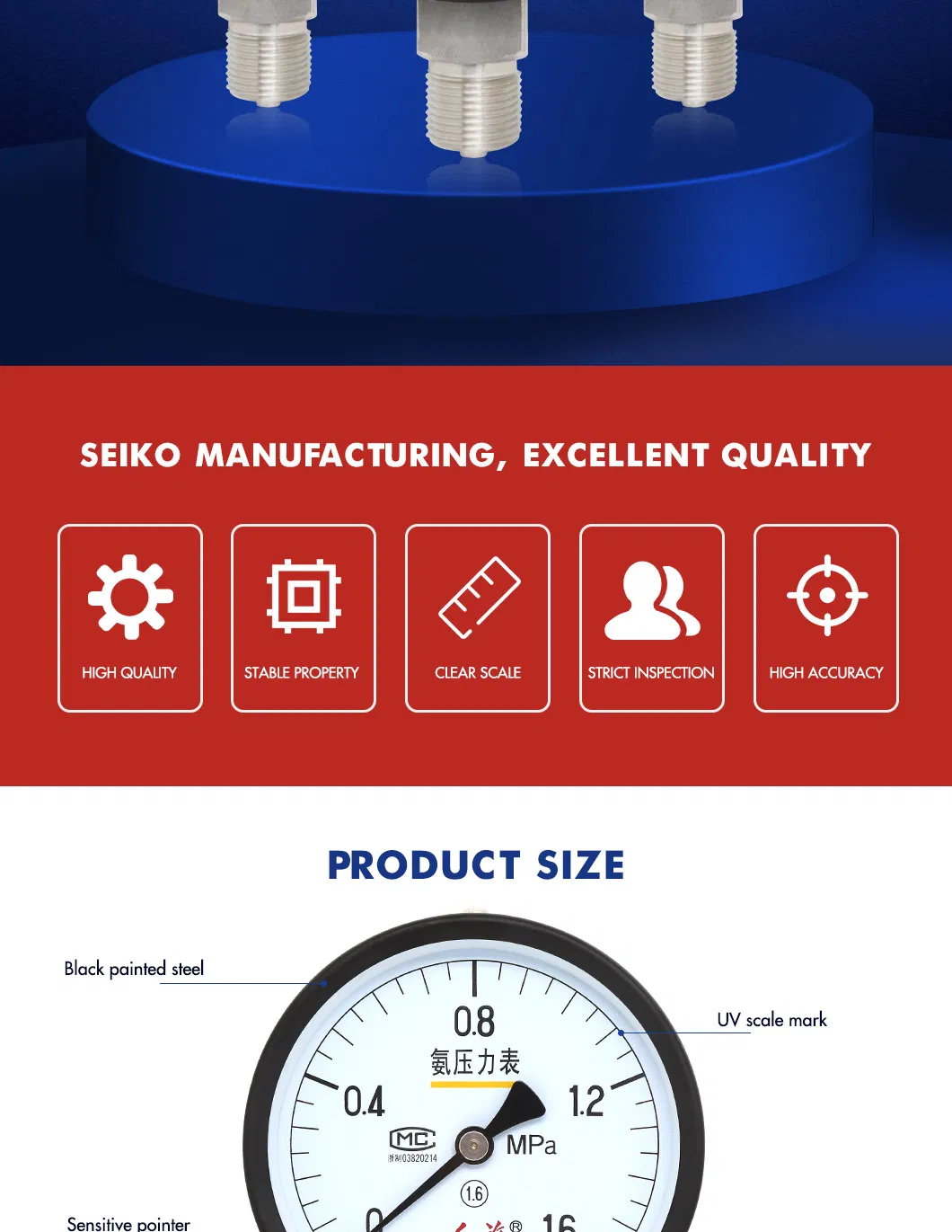 Hongqi&reg; Welding Mechanical Pressure Gauge Refrigeration Measuring Meter Ammonia Media Testing Instrument Pointer Indicator Instrument Factory