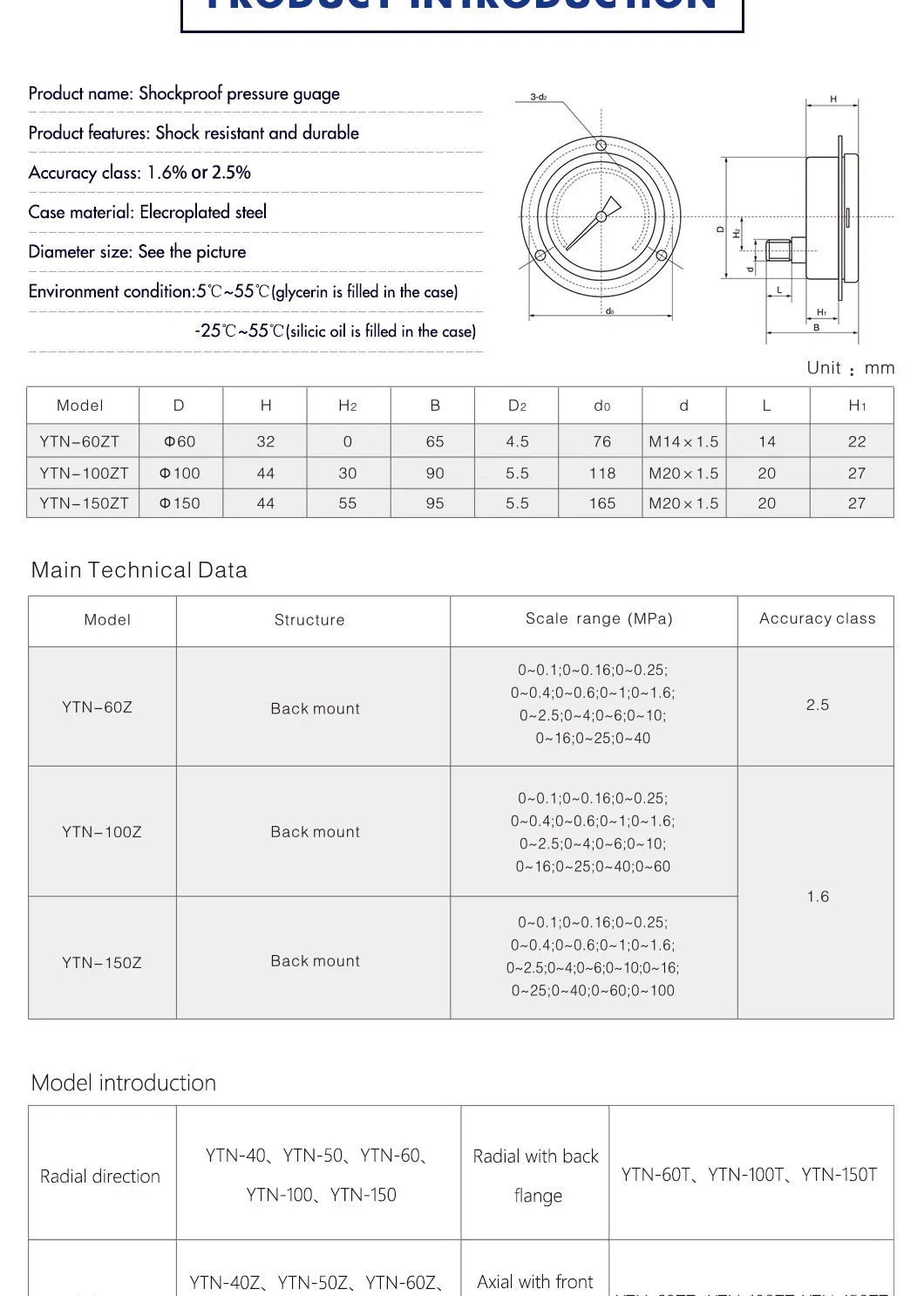 Hongqi Ytn-100z Liquid Oil Filled Shake-Proof Water Pressure Gauge CE/UL
