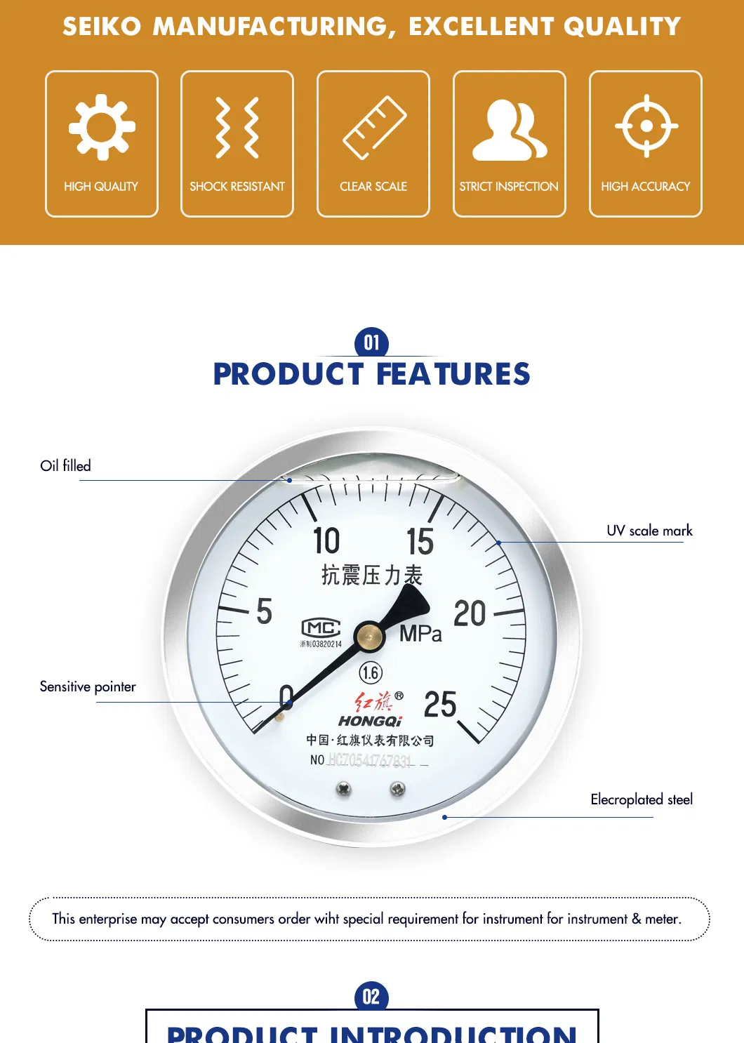 Hongqi Ytn-100z Liquid Oil Filled Shake-Proof Water Pressure Gauge CE/UL