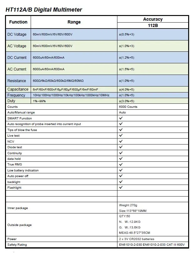 Ht112B 6000 Counts AC DC Voltage Current RMS AMP Ohm Diode Continuity Digital Multimeter