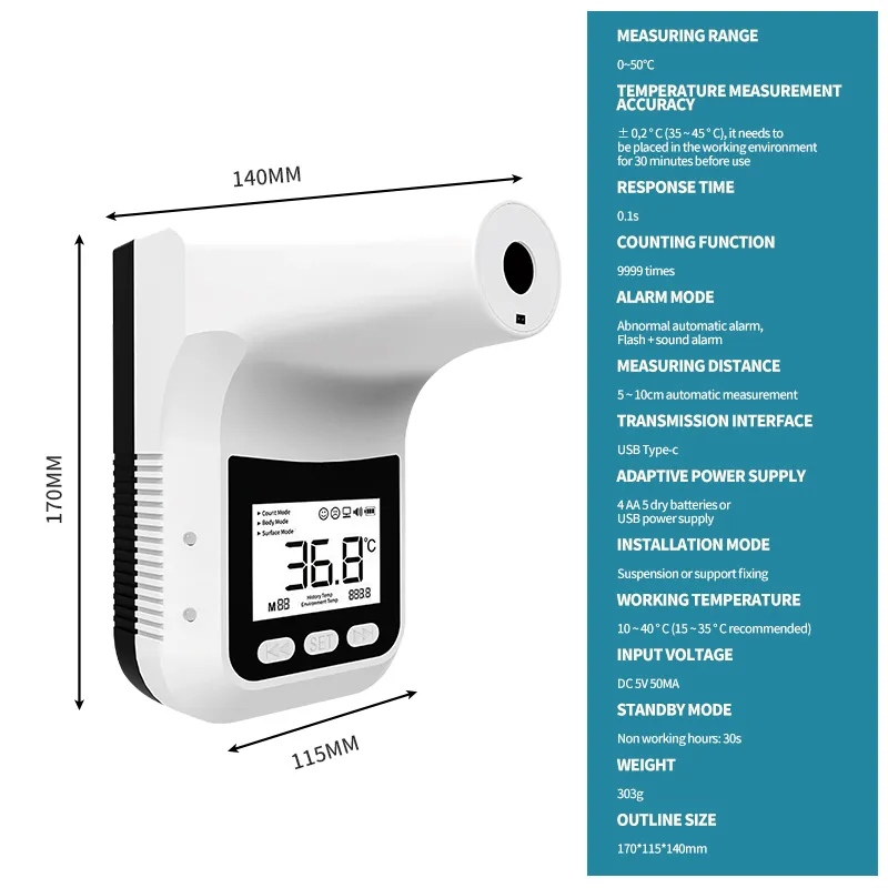 Mini Wall-Mounted K3X Infrared Termometro LED Display Handsfree Digital Forehead Temperature Gun for Office Restaurant