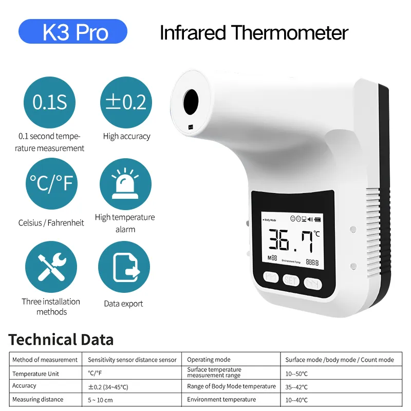 Mini Wall-Mounted K3X Infrared Termometro LED Display Handsfree Digital Forehead Temperature Gun for Office Restaurant