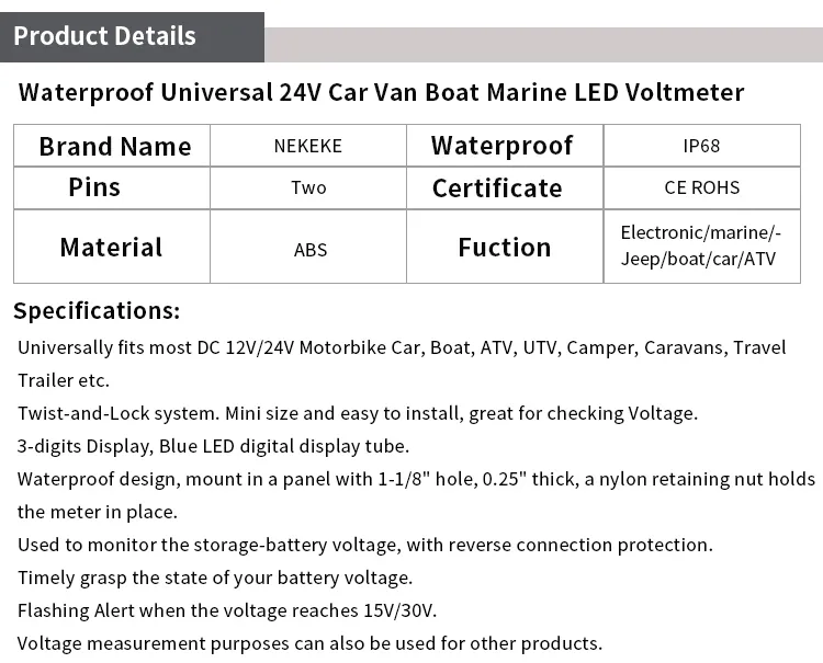 Nekeke Waterproof Universal 12V 24V Car Van Boat Marine LED Digital Voltmeter