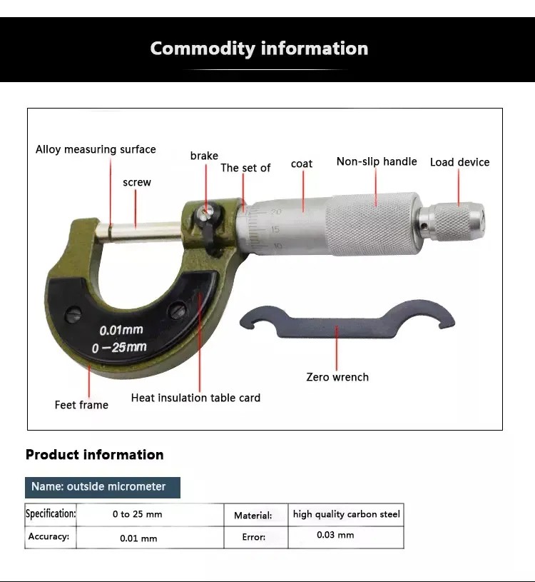 Outsider Micrometer 0-25mm/25-50mm/50-75mm/75-100mm High Precision Spiral Micrometer