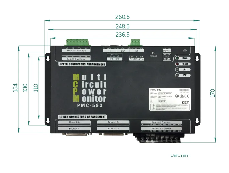 PMC-592 AC Multi-Circuit 2 Mains and 84 Branch Circuits Power Monitor with I/O and Ethernet Port