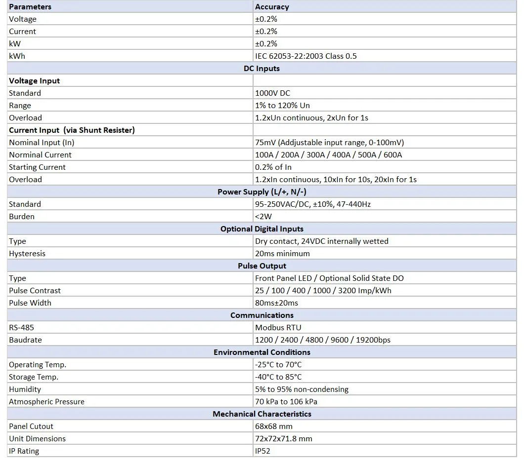 PMC-D721MD DIN72 Class 0.5 DC Multifunction Meter for Voltage Power kWh Measurement LCD Optional I/O RS-485